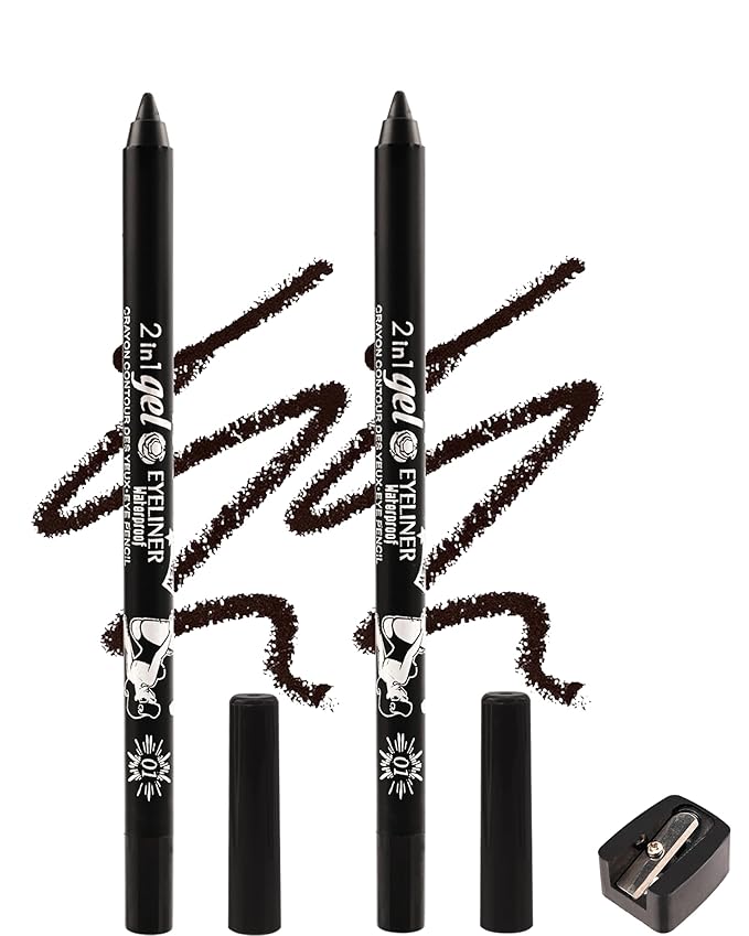 2Pcs Black Gel Eyeliner Pencil, Sharpenable Eye Liner Waterproof Smudge proof Long Wear, Matte Gel Cream Smooth Texture, Intense Color Waterline Eyeliner Pen Makeup with Sharpener, Delineador De Ojos