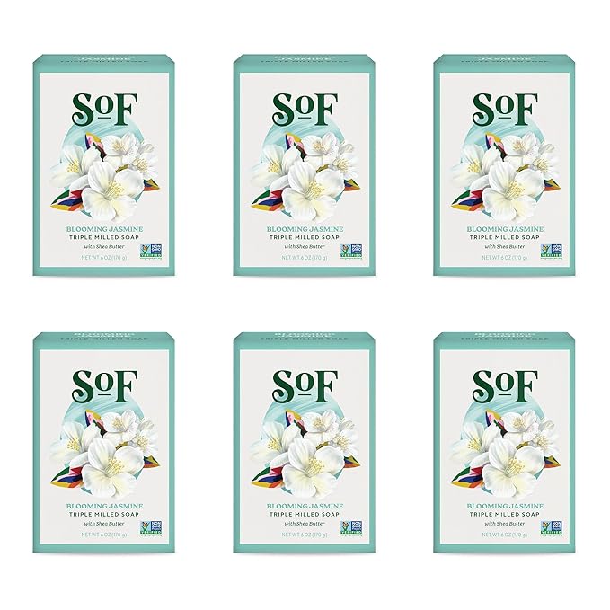 SoF Triple Milled Bar Soap - With Coconut Oil & Organic Shea Butter- Vegan & Non GMO- Free From Phthalates, Sulfates & Parabens- Blooming Jasmine - 6 oz Bar 6 Bars