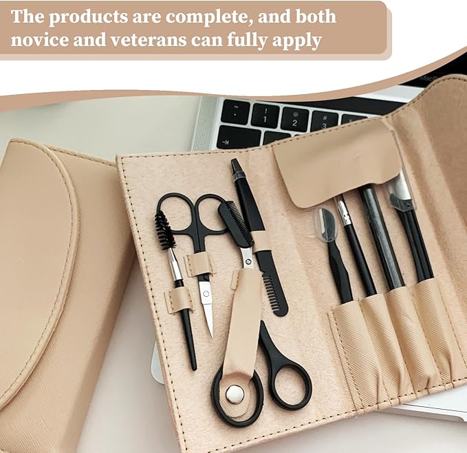 8PCS/SET Professional Eyebrow Shaping Grooming Kit - Beauty Tools Set with Leather Bag Eyebrow Grooming Kit for Women & Men, Eyebrow Trimming Kit With Razor Eyebrow Scissors and Brush with Comb Khaki