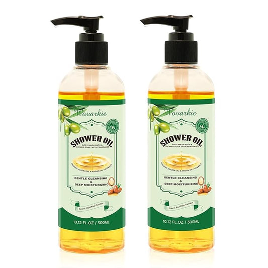 2 Pack Shower Oil with Organic Argan - Moisturizing Body Wash for Women, Natural & Vegan, for Sensitive Skin - Deep Hydration & Silky Smooth Feel (Rooftop Garden)