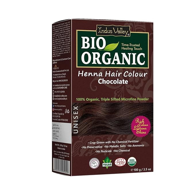 Indus Valley Bio Organic Natural Henna Hair Color Chocolate 100gm| 100% Gray Hair Coverage And Long Lasting Hair Dye | Natural Hair Dye, Vegan and Cruelty-Free