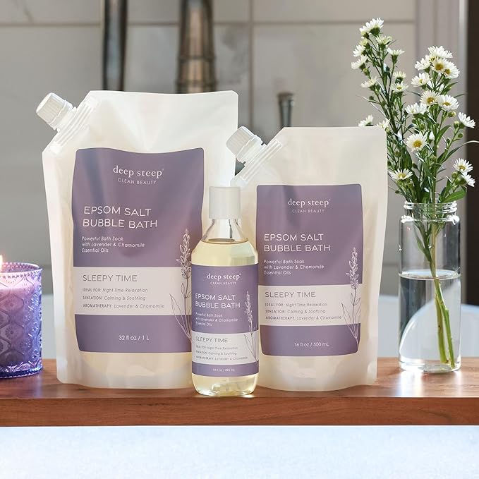 Deep Steep Epsom Salt Bubble Bath, Sleepy Time, 32 oz – Calming Soak with Coconut, Argan, Shea Butter, Aloe Vera & Essential Oils – Vegan, Clean Beauty, Relaxation & Stress Relief