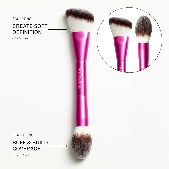 BASMA Beauty Sculpt & Buff Dual-Ended Makeup Brush for Foundation, Bronzer, Blush & Contour, Cream and Powder Blending Brush with Soft Dense Bristles for Smooth Airbrush Finish
