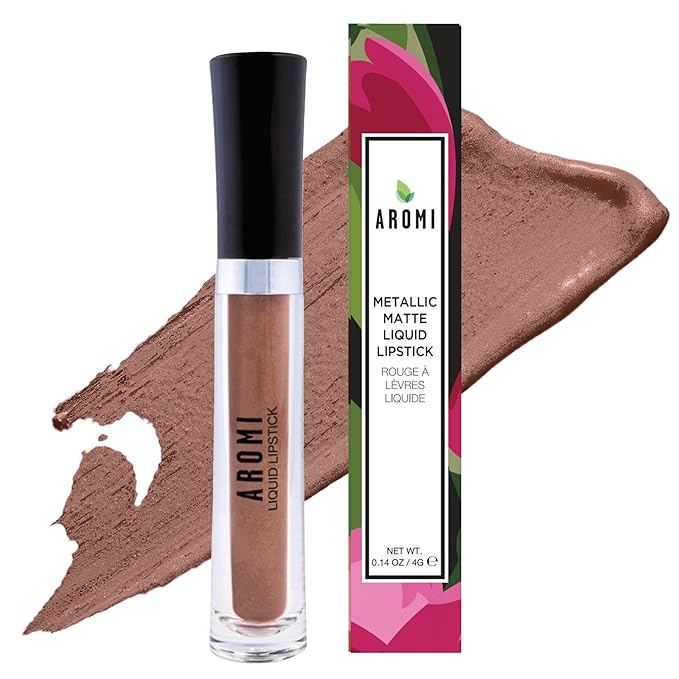 Aromi Tan Metallic Liquid Lipstick | Sepia Bronze Lip Color with Shimmery Finish, Vegan, Cruelty-free, Long-Lasting, Smudge-Proof, Handmade (Peachy Tan) | Shimmery Finish, Long-lasting, Vegan Lipstick, Metallic, Tan Lipstick
