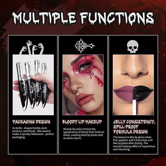 AKARY Matte Liquid Halloween Lipstick for Women, 4-Colors Bloody Liquid Lipstick, Long Lasting Waterproof Lightweight Comfortable Non-Drying Bold Dark Lip Gloss for Gothic Stage Parties Makeup, Vegan