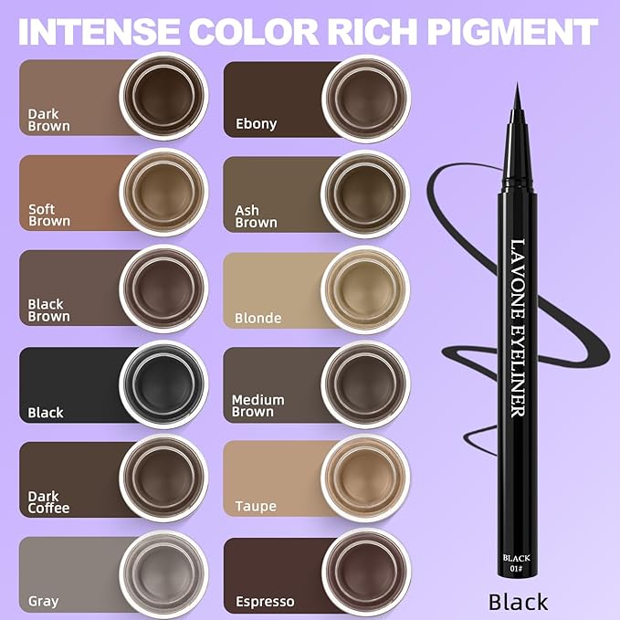 LAVONE Eyeliner Set - Waterproof Makeup Kit with Liquid Eye Liner Pencil, Gel Eyeliner and Angled Eye Liner Brush, Waterproof, Smudge Resistant, Long Lasting Formula - Ebony