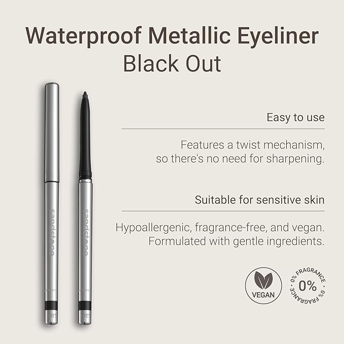 Sandstone Scandinavia Hypoallergenic Waterproof Metallic Eyeliner Pencil – Black – Fragrance-Free, Vegan – Smudge-Proof Eye Liner for Sensitive Eyes