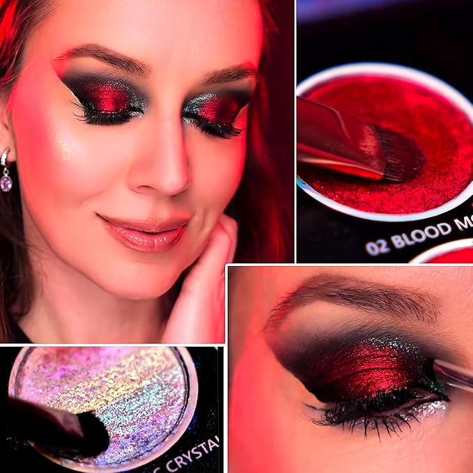 DE'LANCI Red Blue Multichrome Eyeshadow Palette, High Pigment Metallic Silver Shimmer Eyeshadow for Goth, Clown/Joker Smoky Makeup, Longwear Vegan Chameleon Iridescent Black Halloween Cosplay Party