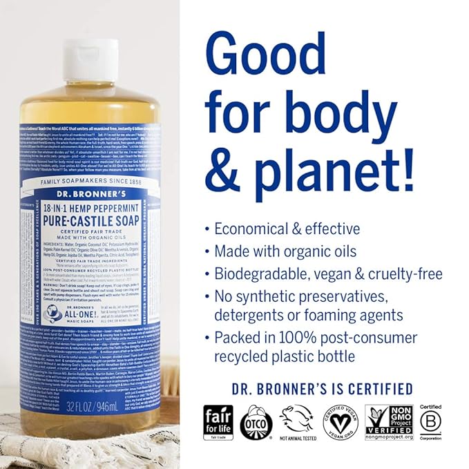 Dr. Bronner's - Pure-Castile Liquid Soap (Peppermint, 32 ounce and 2oz bundle) - Made with Organic Oils, 18-in-1 Uses: Face, Body, Hair, Laundry, Pets & Dishes, Concentrated, Vegan, Non-GMO