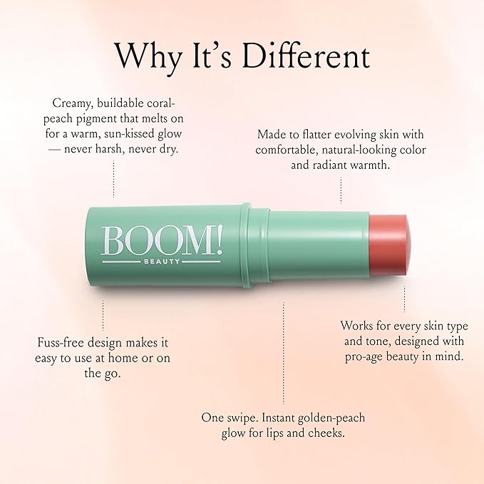 Boomstick Golden Peach ™ - Warm, Coral-Peach Blush Stick and Lipstick - Multistick, Vegan, Makeup for Older Women and Mature Skin Boom Stick By Cindy Joseph