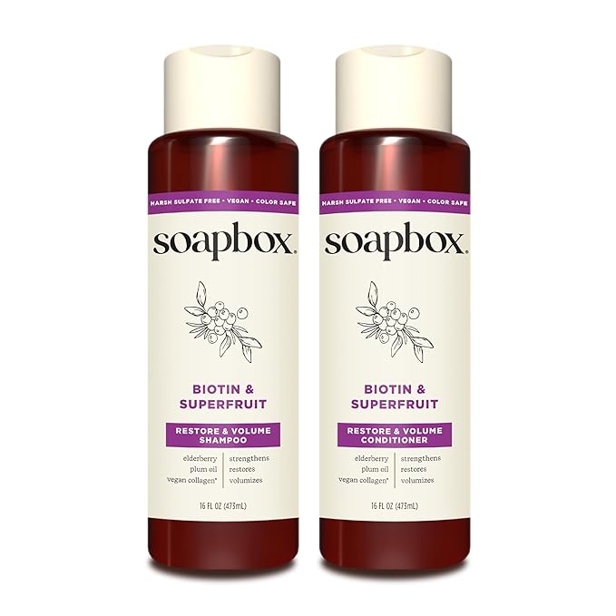Soapbox Biotin & Superfruit Shampoo & Conditioner Set | Includes Vegan Collagen, Aloe and Shea Butter | Paraben Free, Silicone Free, Harsh Sulfate Free | 16oz (Pack of 2)