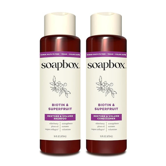 Soapbox Biotin & Superfruit Shampoo & Conditioner Set | Includes Vegan Collagen, Aloe and Shea Butter | Paraben Free, Silicone Free, Harsh Sulfate Free | 16oz (Pack of 2)