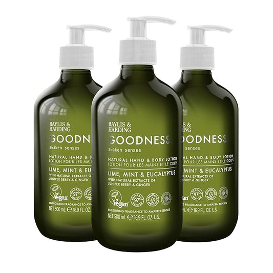 Baylis & Harding Goodness Awaken Lime, Mint & Eucalyptus Hand & Body Lotion, 500 ml (Pack of 3) - Vegan Friendly