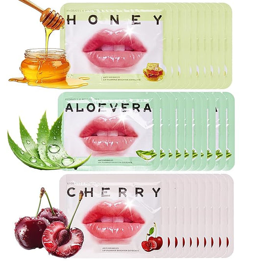 30Pcs Collagen Crystal Lip Masks, Honey & Cherry & Aloevera Lip Care Gel Pads Treatment, Moisturizing & Reducing Chapped, Anti-Aging & Wrinkles Lip Patches, Remove Dead Skin
