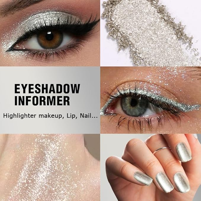 Silver Glitter Eyeshadow, High Pigmented Diamond Sparkly Eyeshadow Silver Eye Makeup, High Shine Long Lasting Waterproof Metallic Pearly Pressed Powder Eye Shadow Highlight for Face & Body, Vegan, #1H