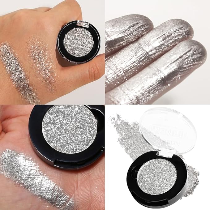 Silver Glitter Eyeshadow, High Pigmented Diamond Sparkly Eyeshadow Silver Eye Makeup, High Shine Long Lasting Waterproof Metallic Pearly Pressed Powder Eye Shadow Highlight for Face & Body, Vegan, #1H