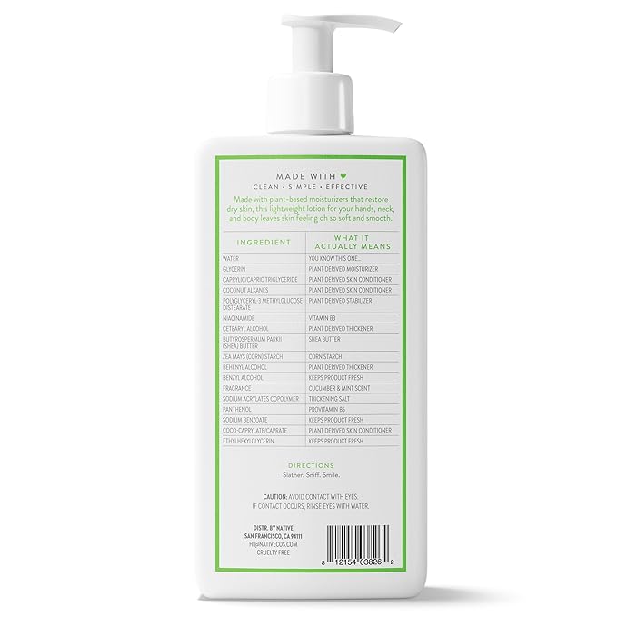 Native Body Lotion Contains Naturally Derived Plant-Based Moisturizers for Women and Men | Restores Dry Skin, Cucumber & Mint, 16.5 fl oz