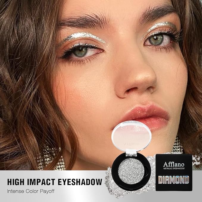 Silver Glitter Eyeshadow, High Pigmented Diamond Sparkly Eyeshadow Silver Eye Makeup, High Shine Long Lasting Waterproof Metallic Pearly Pressed Powder Eye Shadow Highlight for Face & Body, Vegan, #1H