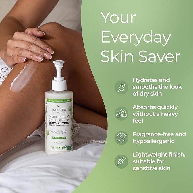 Tree to Tub Unscented Shea Butter Body Lotion for Dry Skin - Fragrance Free Lotion,Vegan Body Moisturizer, Good for Sensitive Skin for both Women & Men 2 Pack