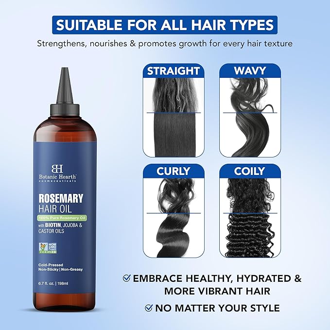 Botanic Hearth Hair Oil for Hair Growth | Rosemary Oil for Hair Growth with Biotin, Castor & Jojoba | Scalp Oil & Dry Scalp Treatment | Color Safe | All Hair Types | 6.7 Fl Oz