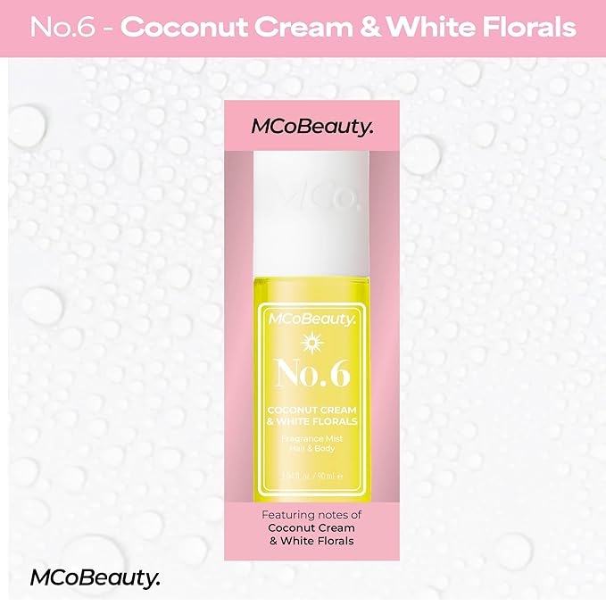 MCoBeauty - Fragrance Mist No. 6 - Light Body Mist and Hair Perfume Coconut Cream & White Florals, Tropical Notes for Day or Night - Vegan, Cruelty Free - Gifts for Women, Feminine Spray - 90ml Bottle