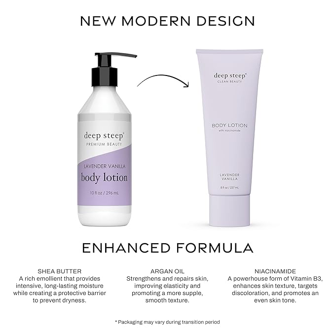 Deep Steep Body Lotion, Lavender Vanilla, 8 oz – Moisturizer with Coconut Oil, Shea Butter, Argan Oil, Aloe Vera & Niacinamide – Vegan, Clean Beauty, Daily Skin Hydration
