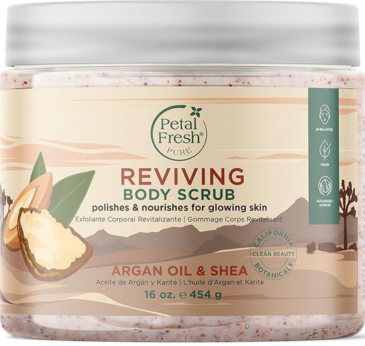 Petal Fresh Argan Oil & Shea Body Scrub, Pure Reviving, Natural, Gently Exfoliating, Daily Skincare, Vegan and Cruelty Free,16 oz