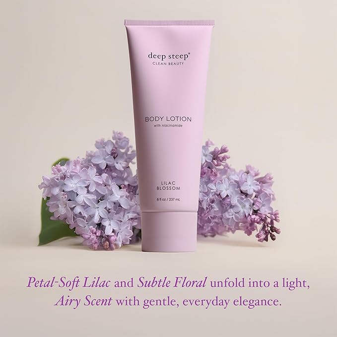 Deep Steep Body Lotion, Lilac Blossom, 8 oz – Moisturizer with Coconut Oil, Shea Butter, Argan Oil, Aloe Vera & Niacinamide – Vegan, Clean Beauty, Daily Skin Hydration