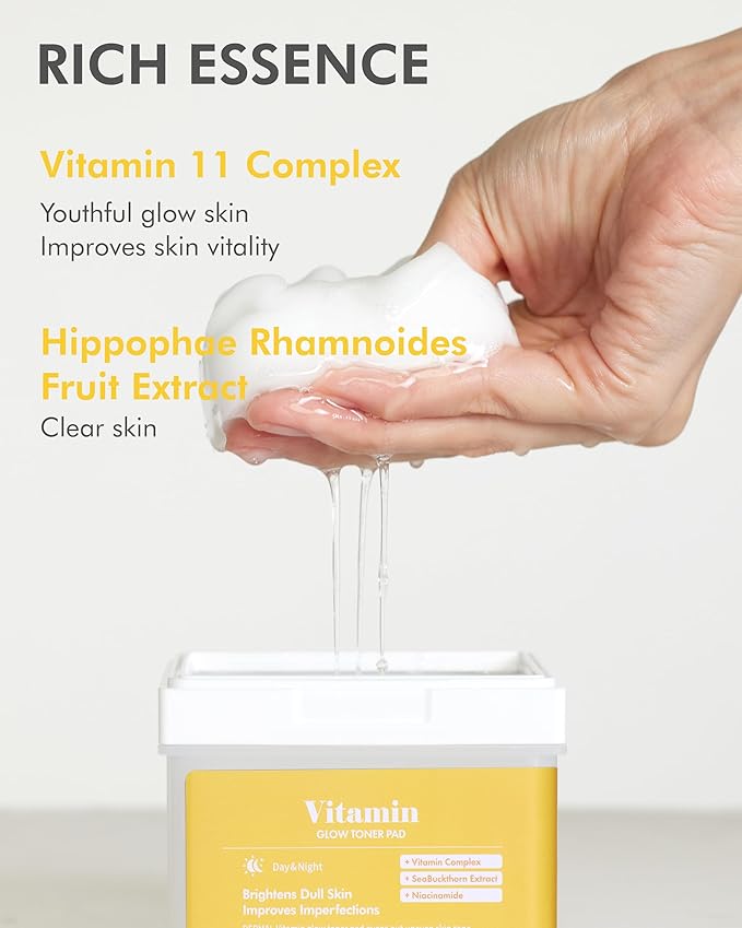 DERMAL Vitamin C Toner Pads 120 Count – Niacinamide Sea Buckthorn Vitamin 11 Complex for Dark Spots & Dull Skin – Vegan Pure Cotton Pads with Tweezers (Korean Skincare)