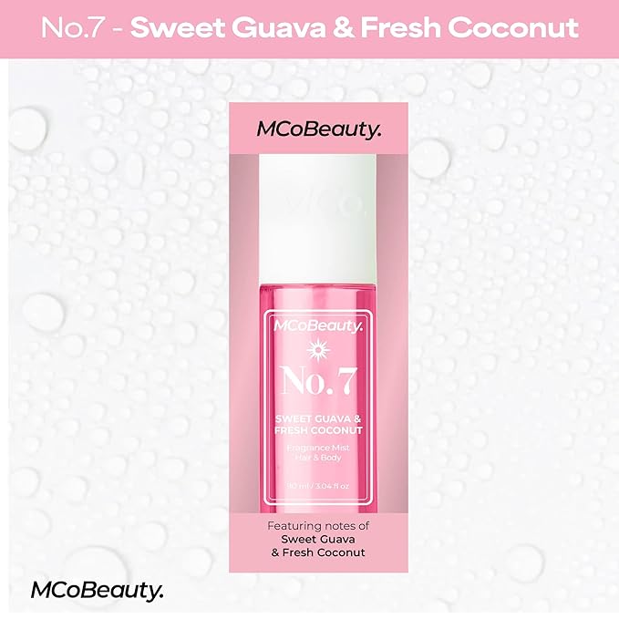 MCoBeauty - Fragrance Mist No. 7 - Light Body Mist and Hair Perfume with Sweet Guava & Fresh Coconut, Fruit Scent with Tropical Notes - Vegan, Cruelty Free - Gifts for Women, Feminine Spray - 90ml