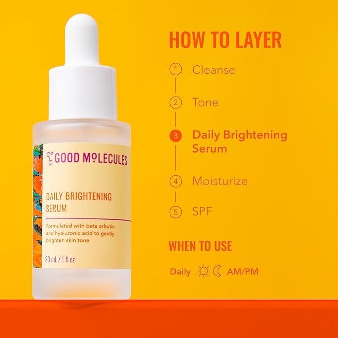 Good Molecules Daily Brightening Serum with Beta Arbutin 3% & Hyaluronic Acid – Brightening Serum for Dark Spots & Uneven Tone, Face Skincare, 1 fl oz (30 ml)
