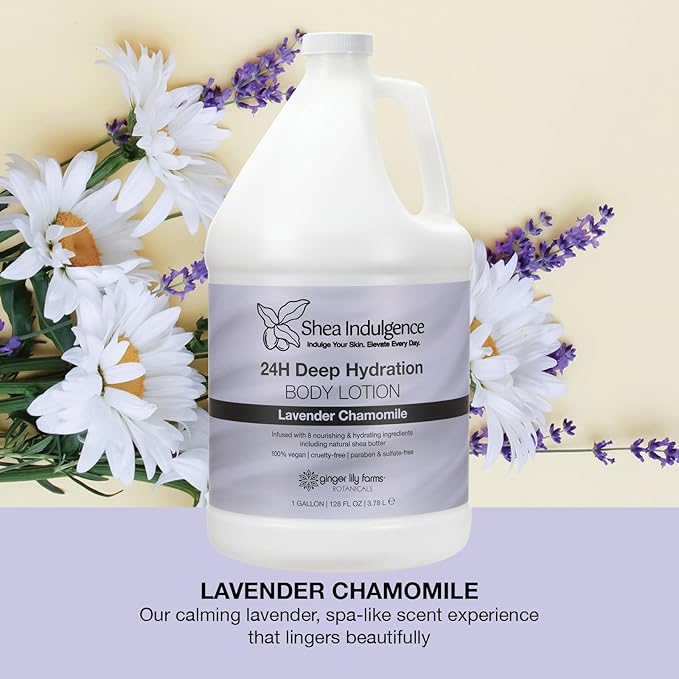 Ginger Lily Farms Botanicals Shea Indulgence 24H Deep Hydration Body Lotion, 100% Vegan & Cruelty-Free, Lavender Chamomile Scent, 1 Gallon (128 fl oz) Refill