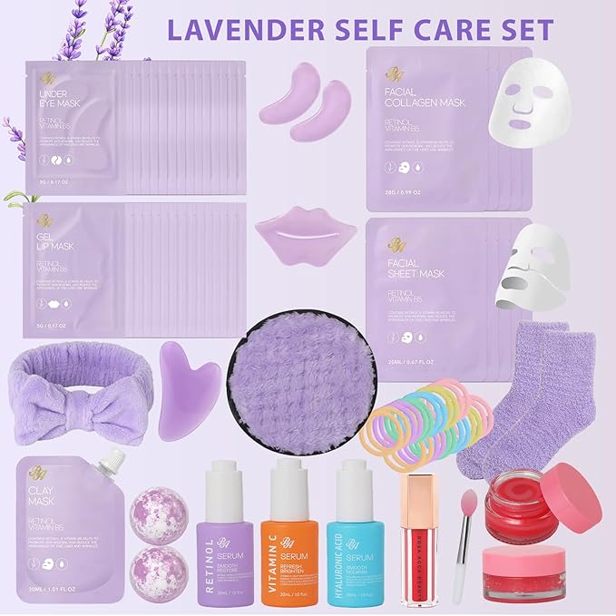 55 Pcs Valentines Day Gifts for Women, Lavender Face Sheet Mask Pack, Hydration Skin Care Kit, Overnight Gel Mask, Clay Mask, Hyaluronic Acid Face Serum, Christmas, Birthday, Mother Day