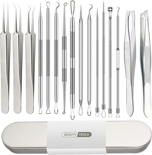 16 Pcs Pimple Popper Tool Kit, Blackhead Remover Tools, Comedone Extractor Whitehead Zit and Cyst Acne Removal Kit, Professional Stainless Steel Tweezers for Eyebrows, Beauty Tools for Face Nose
