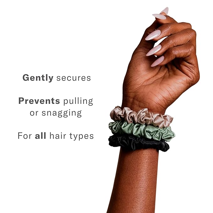 Rizos Curls Vegan Silk Mini Scrunchie - Gente Hold For No Crease and Breakage Protection, Damage & Frizz Free Hair Tie, 3-Pack, Nude