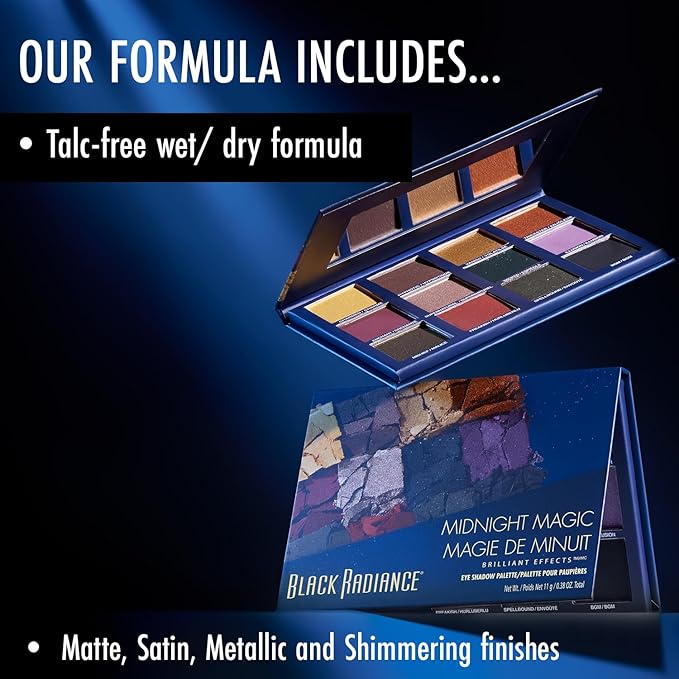Black Radiance Brilliant Effects Eye Shadow Palette, 12 Intense Ultra Pigmented Powder, Buildable & Blendable Versatile Matte to Shimmer Finishes, Cruelty-Free & Vegan - Midnight Magic
