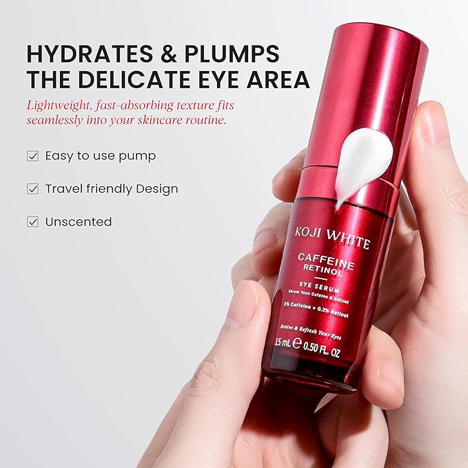 Koji White 3% Caffeine Eye Serum for Puffiness & Dark Circles with 0.2% Retinol, Peptides, Hyaluronic Acid & Vitamin C - Fragrance-Free, Unscented for Sensitive Skin, Vegan Skincare 0.50 Fl Oz