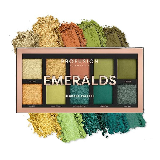 Profusion Cosmetics Emeralds 10 Shade Eyeshadow Palette – Pigmented & Blendable Green Tones, Matte & Shimmer Finishes for Versatile Eye Looks, Travel-Friendly & Cruelty Free Makeup