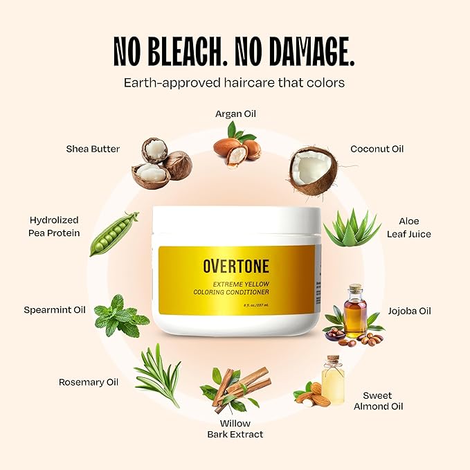 Overtone Semi Permanent Hair Color Conditioner, Extreme Yellow, 8 oz, Nourishing, Damage-Free, Color Depositing Mask for All Hair Types with Shea Butter & Coconut Oil, Vegan & Cruelty-Free