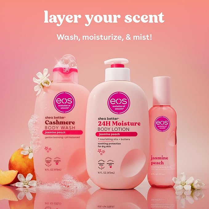 eos Cashmere Body Mist, Jasmine Peach, Body Spray for Women, Hair Mist, Floral Perfume, Moisturizing, Hyaluronic Acid, Glycerin, Vegan, Cruelty-free, 6 fl oz
