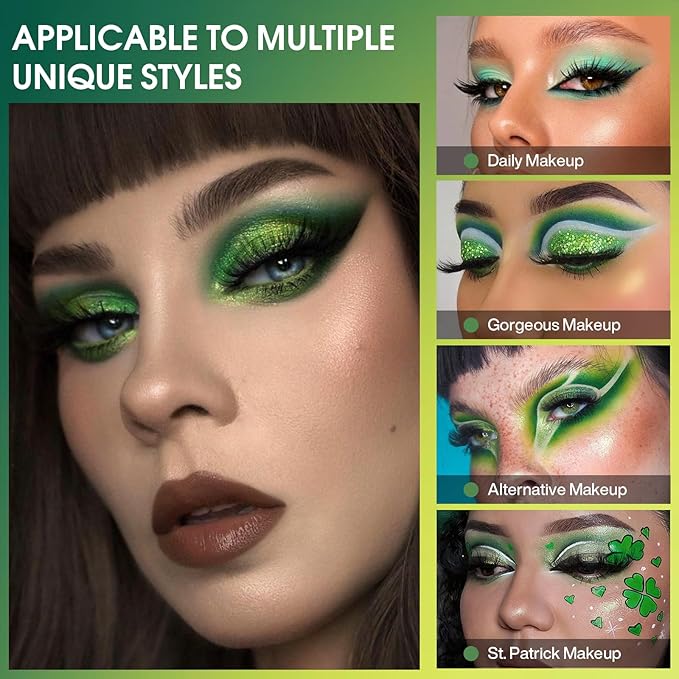 Green Eyeshadow Palette 9 Colos, Highly Pigmented Matte Shimmer Glitter Lime Forest Green Eye Shadow Palette for Hazel Eyes, Long Lasting Dark Emerald Wicked Makeup for Daily,Festival, Blendable,Vegan