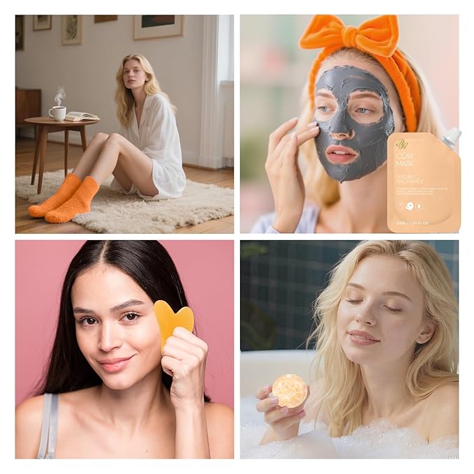 55 Pcs Valentines Day Gifts for Women, Orange Gel Overnight Mask, Skin Care Kit, Self-Care Spa Set, Bath & Body Care Basket Gift Set, Face Sheet Mask, Face Serum, Christmas, Mother Day