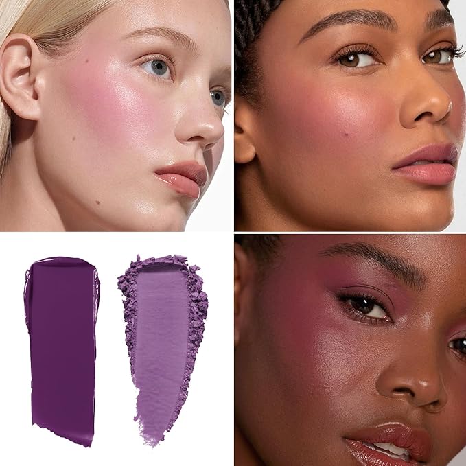 2-Pack Cream Powder Blush Duo For Medium to Deep Skin Tones, Same-Shade Cool Violet, Lasting, Buildable, Vibrant & Natural-Looking Cheek Color Dewy Cream Soft-Matte Powder Finish (Violet Veil)