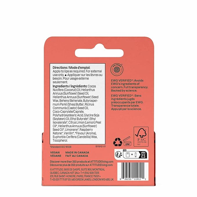 ATTITUDE Lip Balm Duo, EWG Verified, Naturally Derived Moisturizing Lip Care with Castor Oil, Coconut Oil & Shea Butter, Vegan, Raspberry Flavor, 0.14 Oz (Pack of 2)