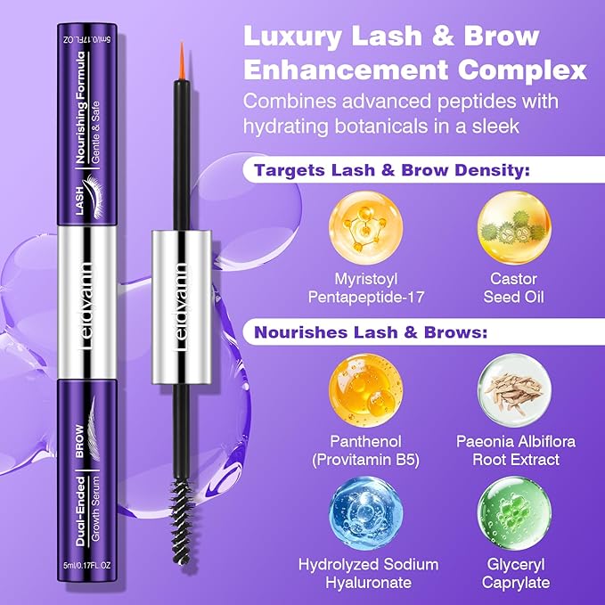 2-in-1 Lash and Brow Growth Serum, Dual-Ended Design 5 mL + 5 mL, Biotin and Peptides, Gentle Enhancing Formula that Promotes Thicker, Longer Lashes & Fuller Brows, Vegan and Cruelty-Free, 10 mL
