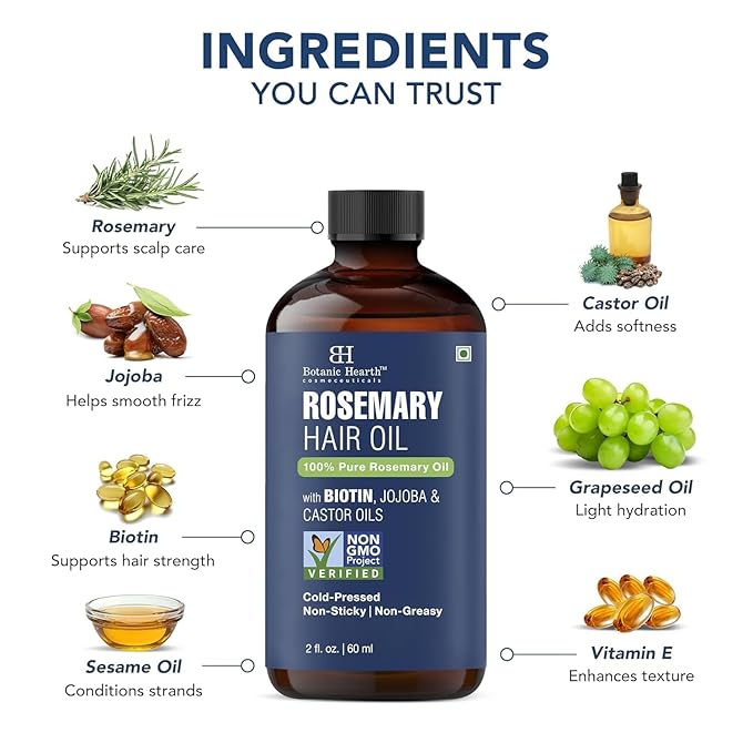 Botanic Hearth Hair Oil for Hair Growth | Rosemary Oil for Hair Growth with Biotin, Castor & Jojoba | Hair Relaxers & Dry Scalp Treatment | Color Safe | All Hair Types | 2 fl oz