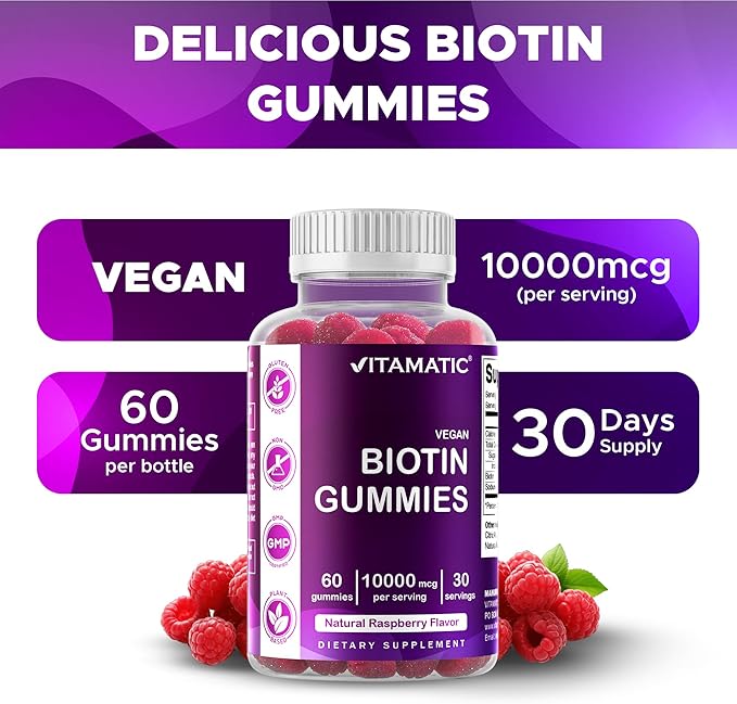 Vitamatic Biotin Gummies 10,000 mcg for Stronger Hair, Skin & Nails - 60 Vegan Gummies - Also Called Vitamin B7 (2 Bottles)