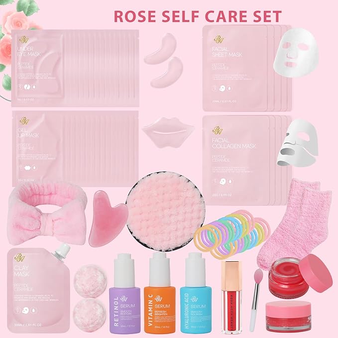 33 Pcs Valentines Day Gifts for Women, Rose Essential Oil Face Hydrogel Mask, Face Sheet Mask, Skin Care Set, Clay Mask, Under Gel Mask, Gel Lip Mask, Christmas, Birthday, Baby Shower