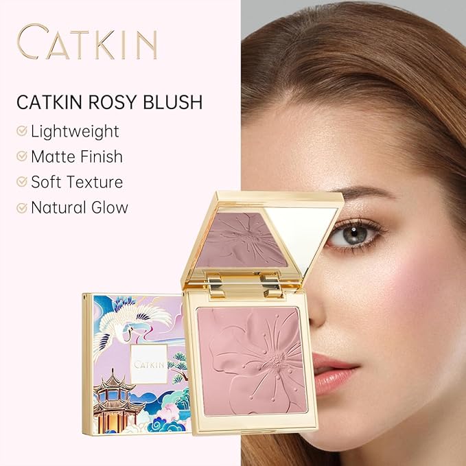 CATKIN Cheek Powder Blush Baked Pink Makeup Blusher Creamy Light Weight Natural Finish 10g (C06 Misty Rain)