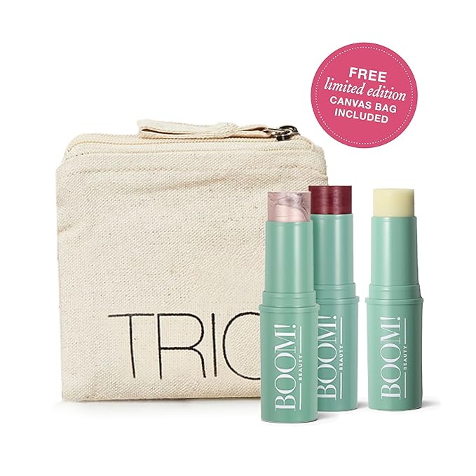 Boomstick Trio ® Color 3 Pack Cream Blush Makeup, Color Blush Stick, Highlighter Stick & Moisturizer for Cheeks, Eyes & Lips, Blendable Vegan Boom Sticks by Cindy Joseph for Older Women, BOOM Beauty